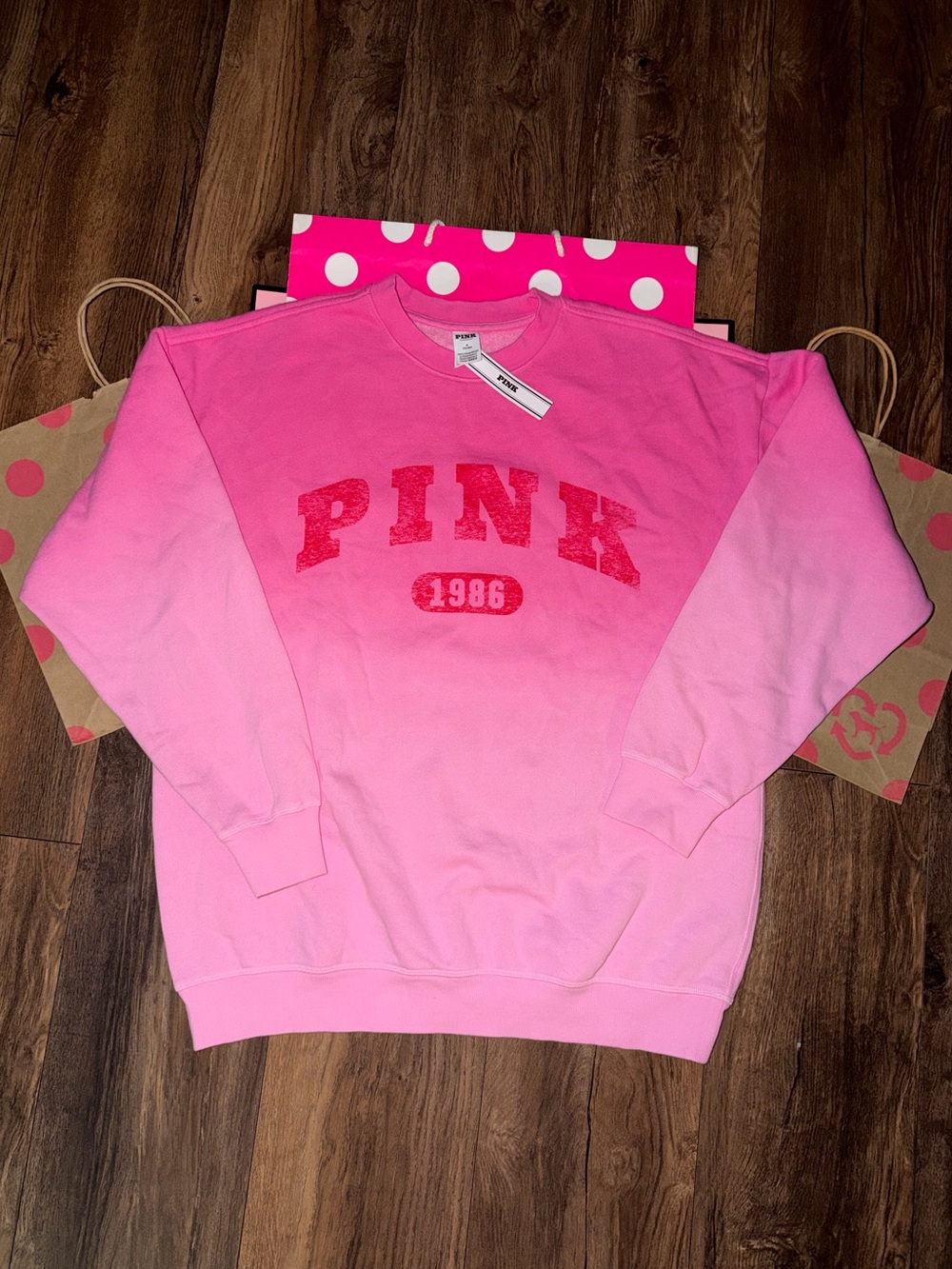 NWT VS PINK Size MEDIUM Hot Pink Ombre Campus Crew Logo Sweatshirt.
